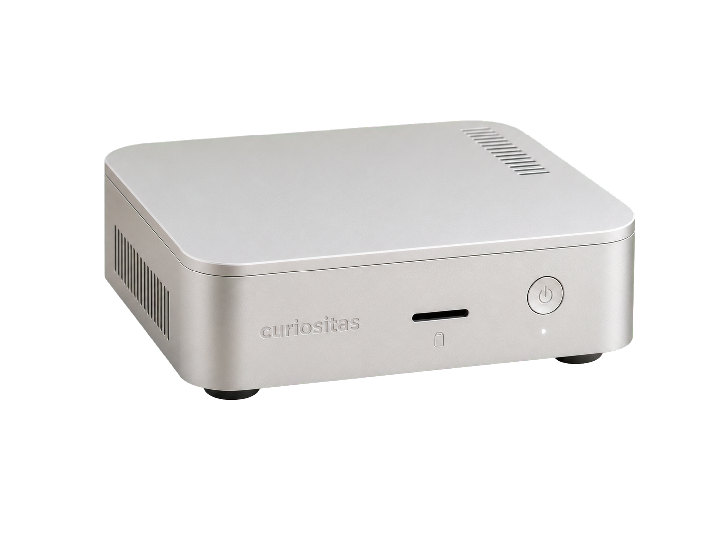 Curiositas One, a compact silver coding studio, shown from the front at an isometric angle